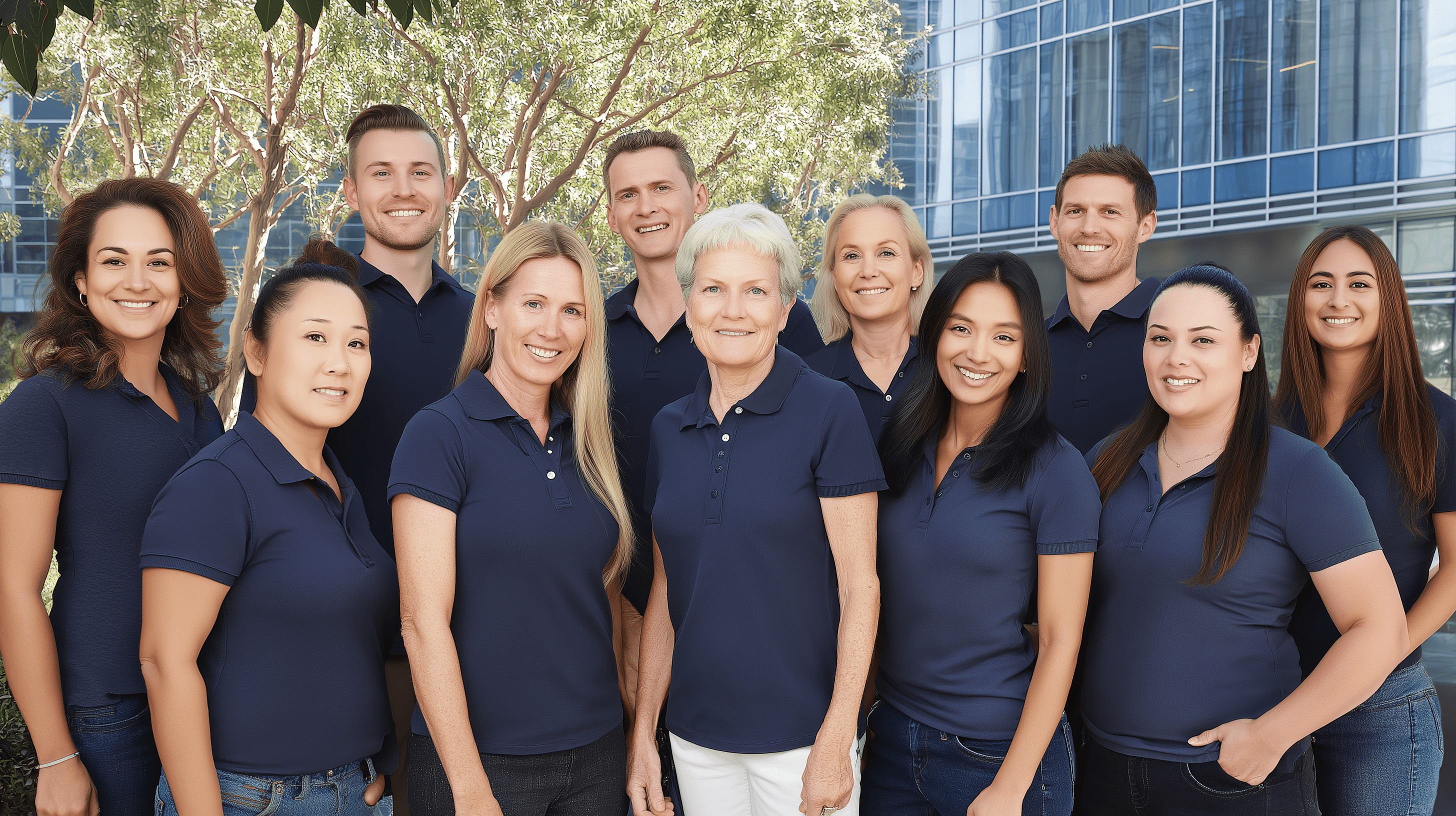 Staff group photo near company office
